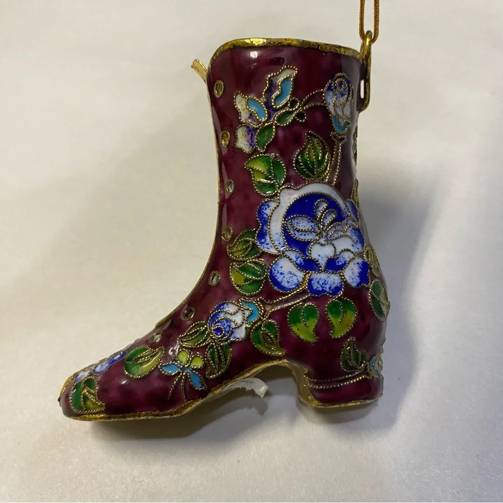 Vintage Cloisonné Shoe Boot Figurine Ornament Enamel Floral Decorative